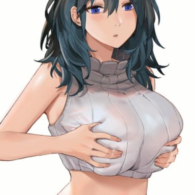 [email protected], alternate costume, bangs, bare arms, bare midriff, bare shoulders, big breasts, black hair, blue eyes, breast hold, breasts, byleth (female), byleth (fire emblem), byleth (fire emblem) (female), crop top