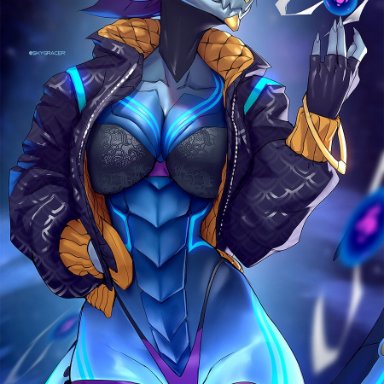 1girls, 2020, 5 fingers, anthro, archway of venus, ass visible through thighs, asymmetrical legwear, aurelion sol, belly scales, black bra, black legwear, black stockings, black thighhighs, blue body, blue eyes