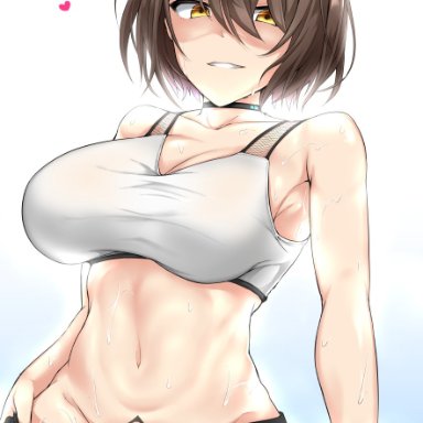 azur lane, baltimore (azur lane), baltimore (black ace) (azur lane), brown hair, collar, heart, large breasts, looking at viewer, netorare, pubic tattoo, queen of spades, short hair, short shorts, shorts, solo