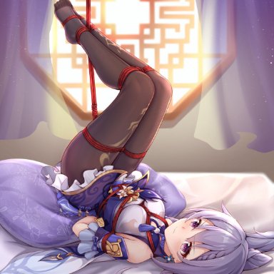 feet, genshin impact, keqing (genshin impact), neko, purple hair, rope