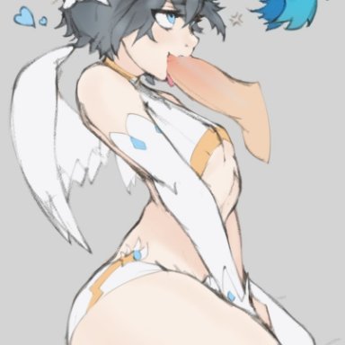 2boys, androgynous, blowjob, blue eyes, blue hair, braided hair, curvy figure, dark blue hair, fellatio, femboy, feminine male, flat chest, flower, flower in hair, gay