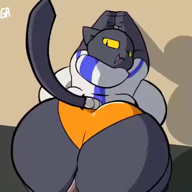 2020, 2d animation, against wall, animated, anthro, ass, big ass, big breasts, black body, black fur, breasts, clothed, clothed sex, clothing, croissant (plaga)