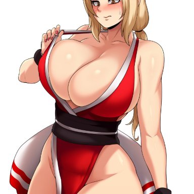 1girls, alternate version available, artist name, bare shoulders, blonde hair, blush, breasts, brown eyes, cleavage, cosplay, crossover, embarrassed, fatal fury, female, high resolution