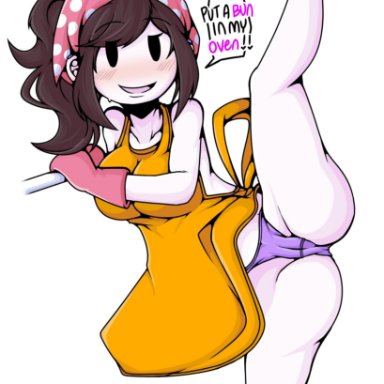 1girls, ahoykoi, apron, apron only, big breasts, big butt, blush, blushing, breasts, brown hair, cooking mama, cosplay, dialogue, female, female only