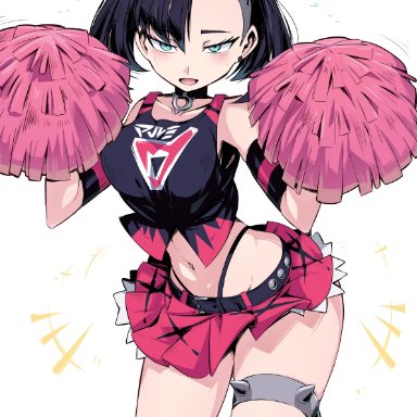 1girls, 2020, armband, armpits, ass shake, asymmetrical bangs, bangs, bare legs, belt, black hair, blue eyes, blush, breasts, cheerleader, choker