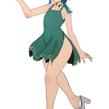 1boy, blue hair, braid, crossdressing, dress, feet, femboy, genshin impact, girly, green eyes, high heels, thick, trap, twin braids, venti (genshin impact)