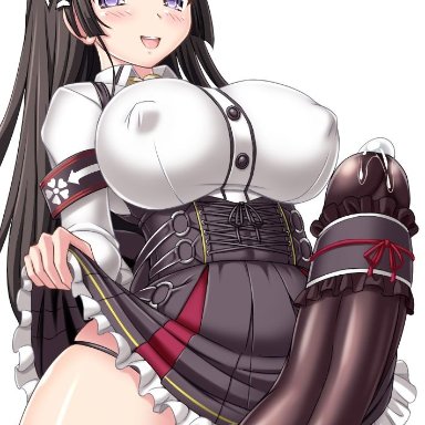 1futa, absolute territory, big breasts, big penis, black hair, blushed, brown panties, clothed, clothing, cum, dick stretchedpanties, distracted, erect nipples, erection, erection under clothes