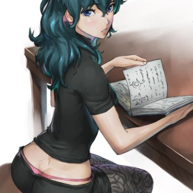 ass, big ass, blue eyes, boobjob, book, byleth (female), byleth (fire emblem), byleth (fire emblem) (female), female, female protagonist, fire emblem, fire emblem: three houses, green hair, leggings, light blush