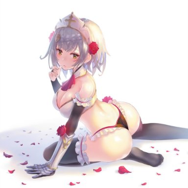 ass, cleavage, female, female warrior, flower, genshin impact, green eyes, large breasts, legwear, looking at viewer, maid gari, noelle (genshin impact), rose, short hair, skimpy clothes