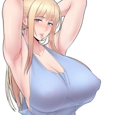 1girls, artist request, big breasts, blonde hair, blue eyes, blush, breasts, character request, cleavage, clothing, copyright request, female focus, female only, highres, long hair