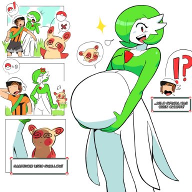 animated, big belly, big breasts, brendan (pokemon), dizzy eyes, dr-worm, english text, female, gardevoir, gif, implied vore, lewdlemage, musical note, pokeball, pokemon