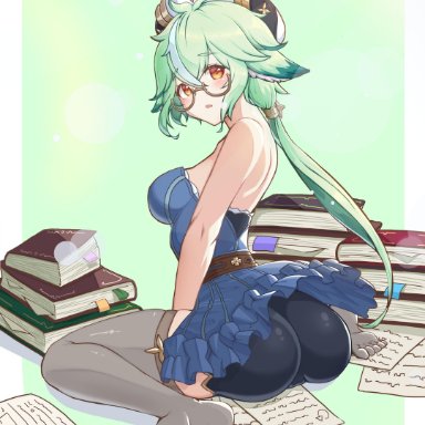 1girls, cat ears, genshin impact, glasses, green hair, hat, looking back, on ground, orange eyes, shorts, skirt, stockings, sucrose (genshin impact), tight clothing, w sitting