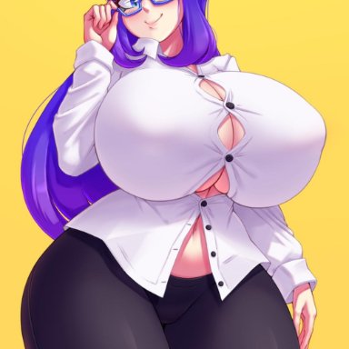 1girl, 1girls, adjusting eyewear, barely contained, black legwear, blouse, blue eyes, blush, blushing, breasts, breasts bigger than head, bursting breasts, closed mouth, commission, cowboy shot