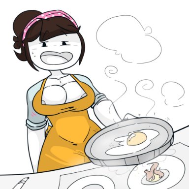 1girls, apron, areola, areola slip, areolae, big breasts, breats, brown hair, clavicle, cooking mama, cosplay, eggs, female, female only, fire