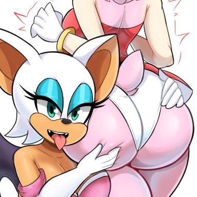 2girls, amy rose, anthro, ass, big ass, blue eyeshadow, bmayneart, female, female only, furry, groping, huge ass, pink fur, pink hair, rouge the bat