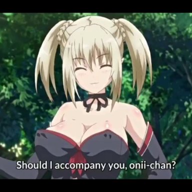 1boy, 1girls, animated, blonde hair, brother and sister, censored, cum, cum in pussy, demon, dialogue, hentai, incest, inflation, large breasts, nipples