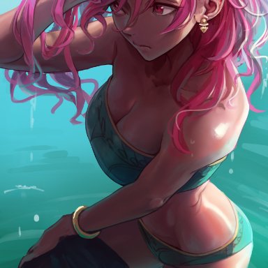 absurdres, big breasts, bikini, bracelet, breasts, cleavage, closed mouth, dark skin, earrings, female, fire emblem, fire emblem: three houses, green bikini, green swimsuit, hapi (fire emblem)