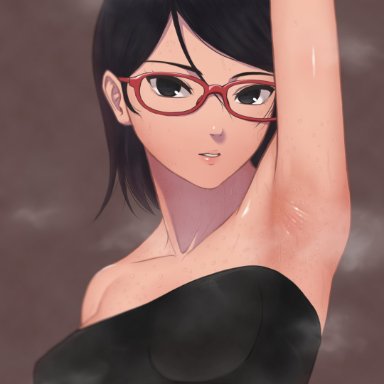 1girls, arm up, armpits, bangs, bare shoulders, black eyes, black hair, boruto: naruto next generations, breasts, brown background, collarbone, dress, eyewear, female, female only