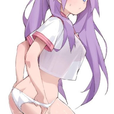 1girl, ass, blue eyes, breasts, kagami hiiragi, lavender hair, long hair, looking at viewer, lucky star, ludaf, panties, posterior cleavage, pulling, purple hair, school uniform