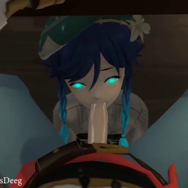 androgynous, animated, blowjob, blue eyes, bright pupils, deep blowjob, deepthroat, femboy, flower, flower in hair, gay, genshin impact, green eyes, hat, jaune arc