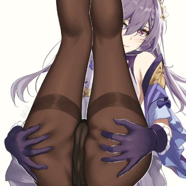 ass, ass grab, bare shoulders, black legwear, black panties, blush, cameltoe, double bun, eleaaa, feet, female, frilled gloves, frilled skirt, frilled sleeves, frills