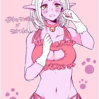 bell collar, blush, bra, cat keyhole bra, chinese text, english text, female, female only, gloves, keyhole bra, league of legends, long hair, midriff, navel, open mouth