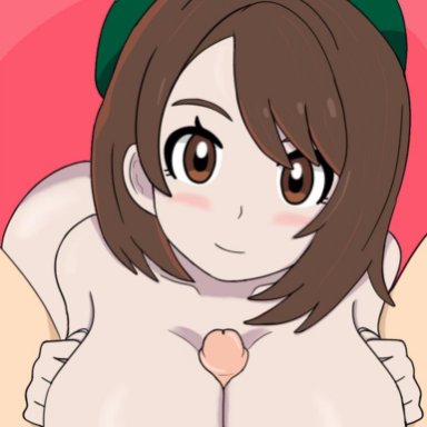 1boy, 1girls, alternate breast size, azurestar, big breasts, blush, breasts, female, gloria (pokemon), hat, huge breasts, large breasts, looking at viewer, male, nintendo