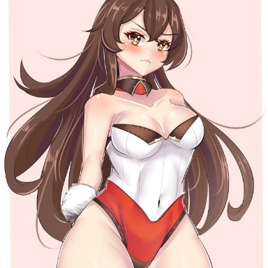 1girls, abincognito, amber (genshin impact), breasts, brown hair, eye contact, female, genshin impact, hair ribbon, long hair, looking at viewer, solo, standing, thick thighs, thighs