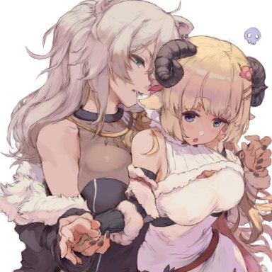 2girls, absurd res, animal ears, artist name, biting, blonde hair, blush, cat ears, cleavage, cutesexyrobutts, dress, erect nipples, fangs, fur trim, grey hair