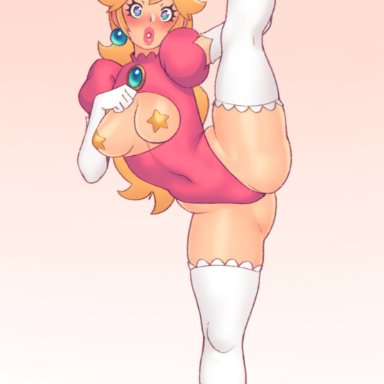 1girls, big lips, blush, blushing, covered nipples, crown, female, female only, heels, leg up, looking at viewer, mario (series), princess peach, rizdraws, simple background