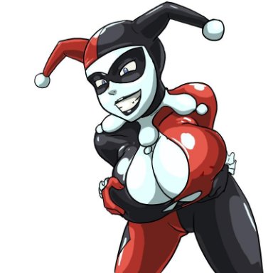 1girl, 1girls, alternate breast size, big breasts, breasts, cleavage, cleavage cutout, clothed, clothed female, female, female only, female solo, hands on breasts, harley quinn, harley quinn (classic)