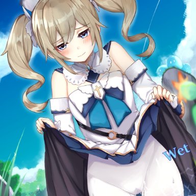 barbara (genshin impact), blue eyes, blush, clothed, clothed female, detached sleeves, dress lift, embarrassed, female focus, female only, genshin impact, legs, solo, solo female, twintails