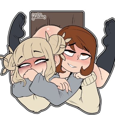 1futa, 1girls, blonde hair, futa on female, futanari, himiko toga, my hero academia, ochako uraraka, school uniform, tagme, yuri