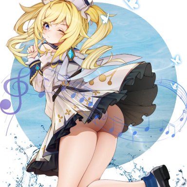 ass, barbara (genshin impact), blinking, blonde hair, blue eyes, dat ass, dress, female, from behind, genshin impact, hat, long hair, musical note, singing, twintails