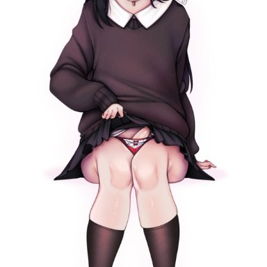 1boy, bangs, black hair, choker, clothing lift, crossdressing, erection, femboy, girly, goth, long hair, looking at viewer, male, male only, niucniuc