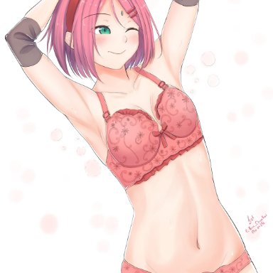 1girls, armpits, arms up, blush, bra, breasts, elbow pads, facial mark, female, female only, forehead mark, forehead protector, gloves, gotspinner, green eyes