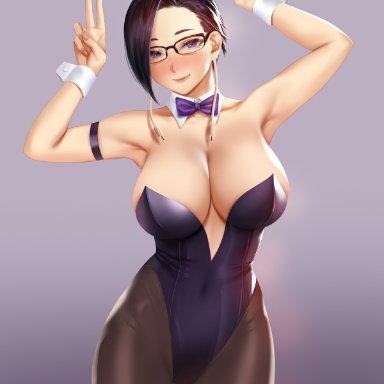 1female, armpits, arms up, big breasts, black pantyhose, blush, bunny costume, bunny ears, bunnysuit, cleavage, covered navel, double peace sign, easonx, female, glasses