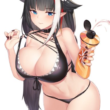 1girls, azur lane, bikini, bikini lift, black hair, blue eyes, blush, breasts, btraphen, collar, deutschland (azur lane), deutschland (service time?!) (azur lane), fit female, flower, flower in hair