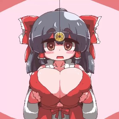 1:1 aspect ratio, 1girl, 20s, alternative bust size, animated, aoihitsuji, ascot, bangs, black hair, blush, bow, breast hold, breasts, brown eyes, cleavage