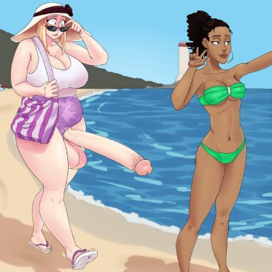 1futa, 1girls, beach, big penis, bikini, black skin, blonde hair, catherine eleanor powers (valmut), cathy (valmut), dark-skinned female, ebony, futa with female, futanari, huge cock, open toe shoes