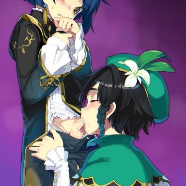 bard, black hair, blowjob, blue earrings, blue hair, blue sleeves, blush, blushing, braided hair, buttons, covering mouth, cum drip, cum in mouth, cum on chin, cyan hair