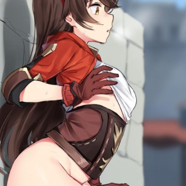 amber (genshin impact), brick wall, brown hair, brown shorts, cropped jacket, female, from side, genshin impact, gloves, goggles, hair ribbon, heavy breathing, highres, jacket, leaning back