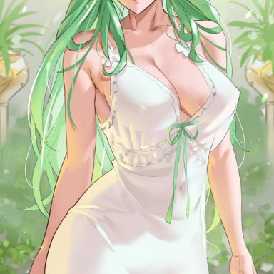 bangs, bare shoulders, big breasts, blush, breasts, circlet, cleavage, closed mouth, collarbone, covered navel, dress, female, fire emblem, fire emblem: three houses, flower