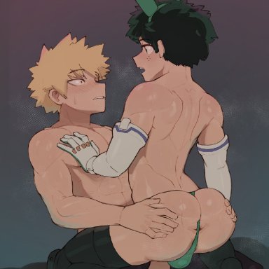 2boys, anus, ass, ass grab, backsack, balls in panties, blonde hair, blush, bunny ears, cheesecrumbles, freckles, gay, green hair, izuku midoriya, katsuki bakugou