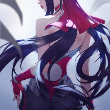 ass, back view, big ass, black hair, blue eyes, bunny costume, bunny ears, bunny tail, bunnysuit, citemer, corset, dat ass, female, irelia, league of legends