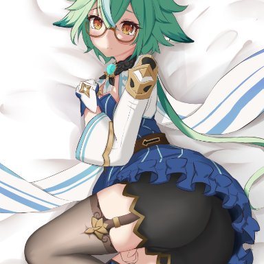amber eyes, ass, blush, cat ears, embarrassed, female, female focus, female only, garter belt, genshin impact, glasses, green hair, hair ears, looking at viewer, on bed