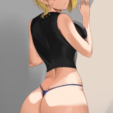 1girls, android 18, ass, bare shoulders, big ass, big breasts, black shirt, blonde hair, blue eyes, blue panties, breasts, dragon ball z, earrings, eyeliner, female