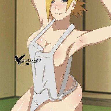 1girls, agung911, apron, armpits, arms up, barefoot, blonde hair, blush, boruto: naruto next generations, breasts, cleaning, cleavage, feet, female, female only