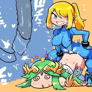 1futa, 1girls, ass, balls, bar censor, blonde hair, blue eyes, breasts, censored, crap-man, defeated, dizzy, down bottom-up, dubious consent, futa on female