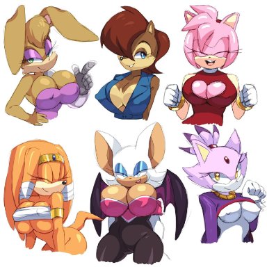 amy rose, anthro, archie comics, big breasts, blaze the cat, blue eyes, bodysuit, breasts, bunnie rabbot, chipmunk, chiropteran, cleavage, cleavage cutout, closed eyes, clothed
